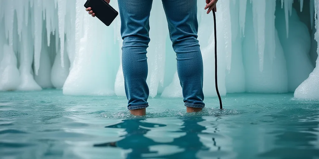 a person holding a cell phone in their hand while standing in the water with a bunch of icicles hang