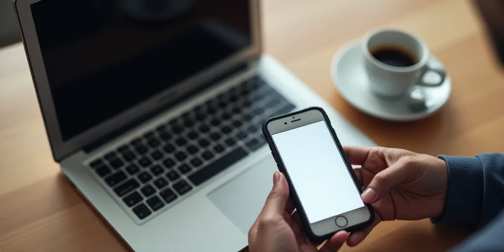 a person holding a cell phone with a message on it next to a laptop computer on a table with a cup o