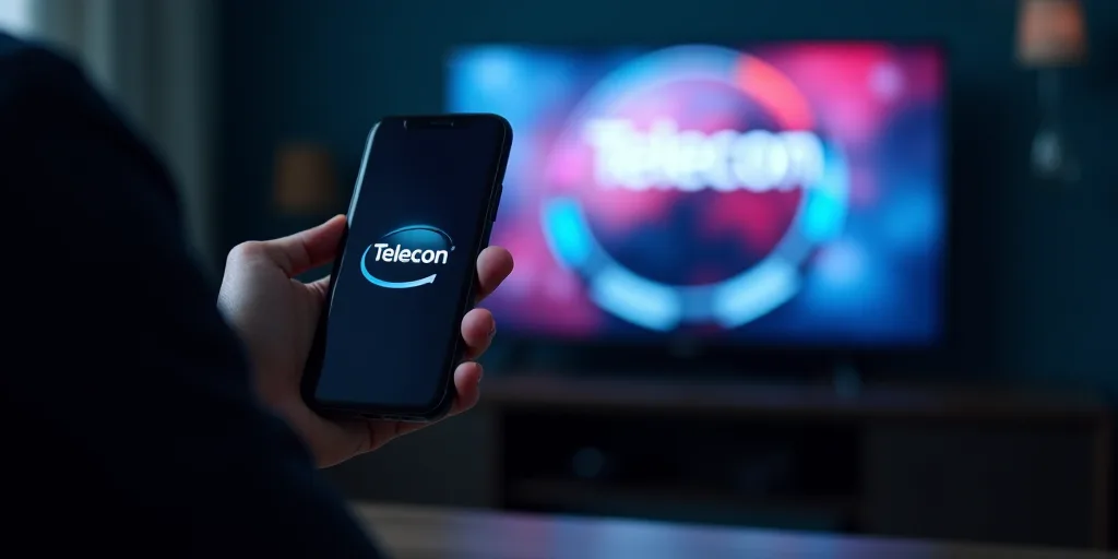 a person holding a cell phone with a telecon logo on it in front of a television screen, Edi Rama, n