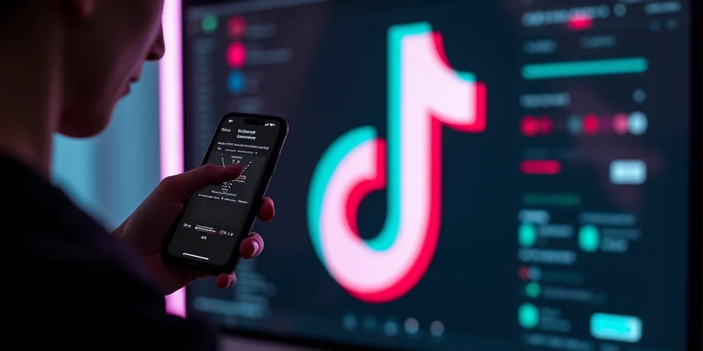 a person holding a cell phone in their hand with a tik tok logo in the background on a wall, Aquirax
