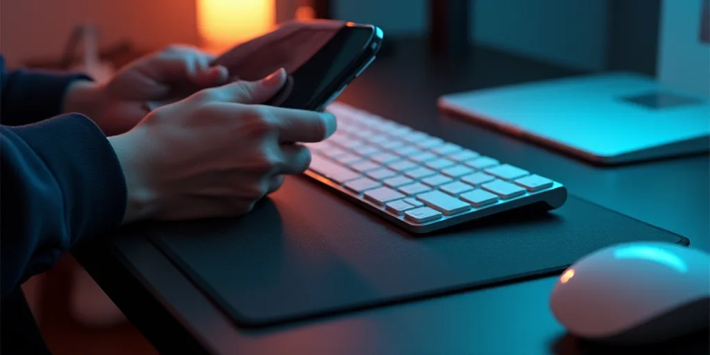 a person holding a cell phone next to a keyboard and a keyboard pad on a desk with a keyboard, Andri