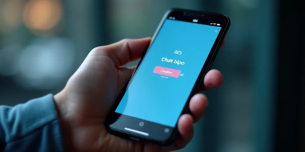 a person holding a cell phone with a chatbot on the screen and a chatbot button on the screen, Ai-Mi