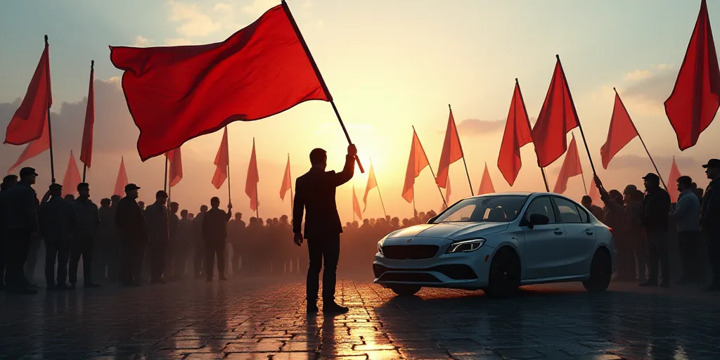 a person holding a flag in front of a crowd of people holding flags and banners in the air and a car