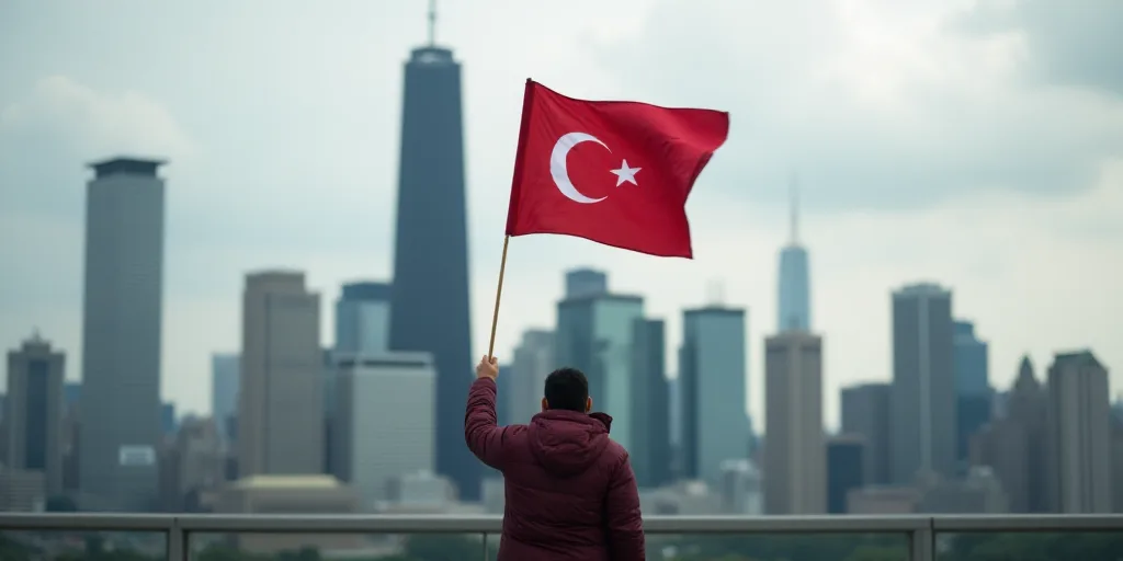 a person holding a flag in front of a city skyline with tall buildings in the background and a cloud
