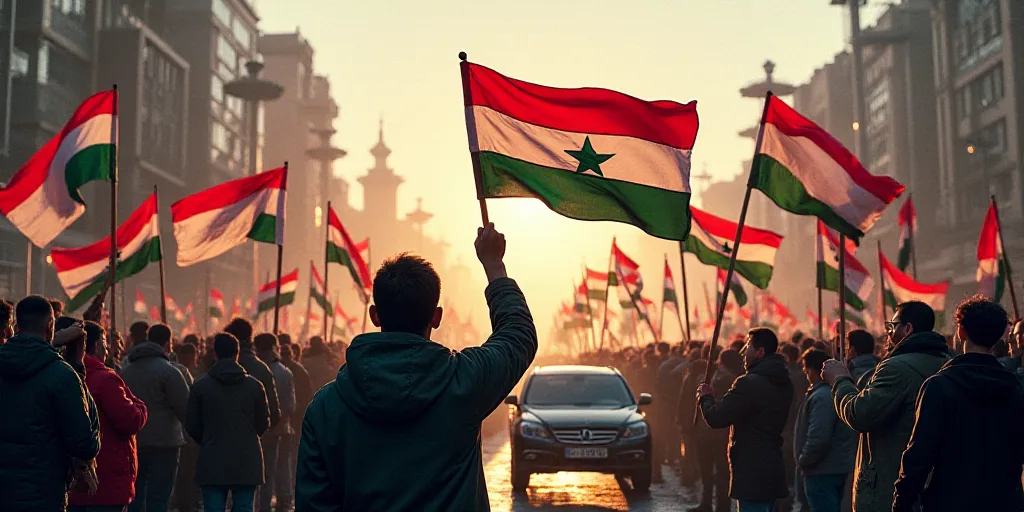 a person holding a flag in front of a crowd of people holding flags and banners in the air and a car