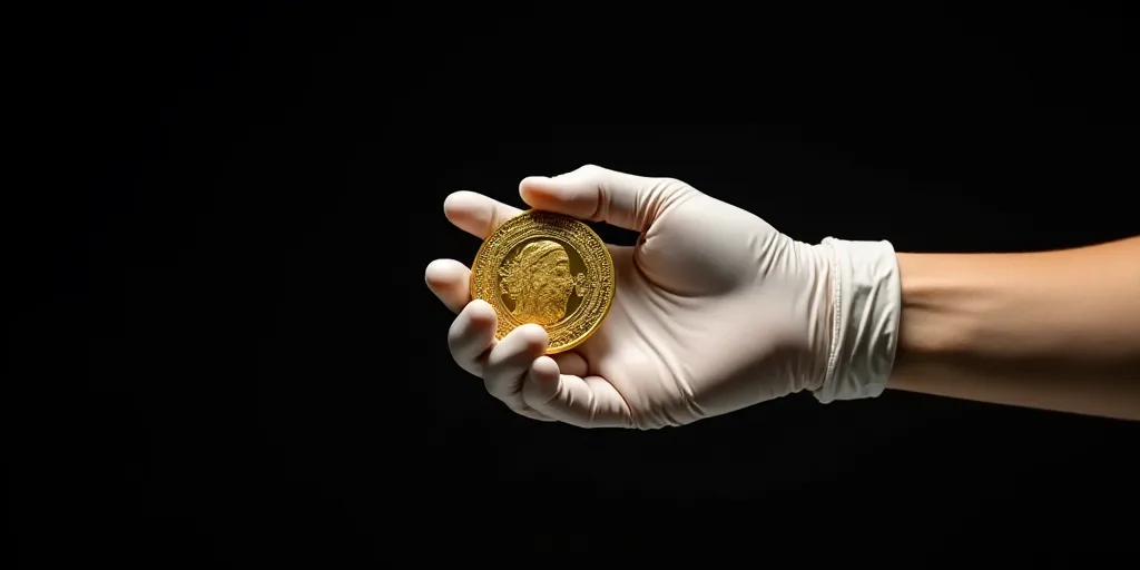 a person holding a gold coin in their hands with a black background and a white gloved hand holding