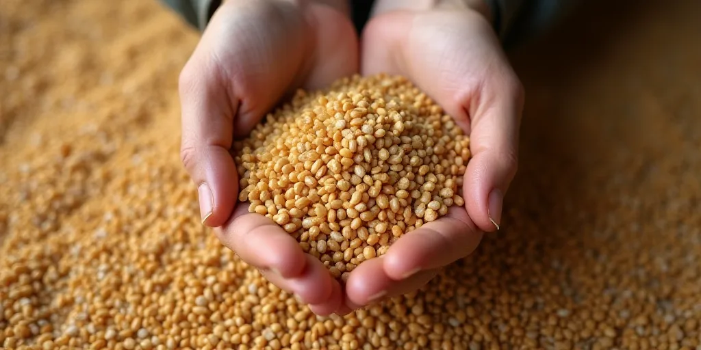 a person holding a handful of grain in their hands on a carpet of grain grains in a pile of grain, C