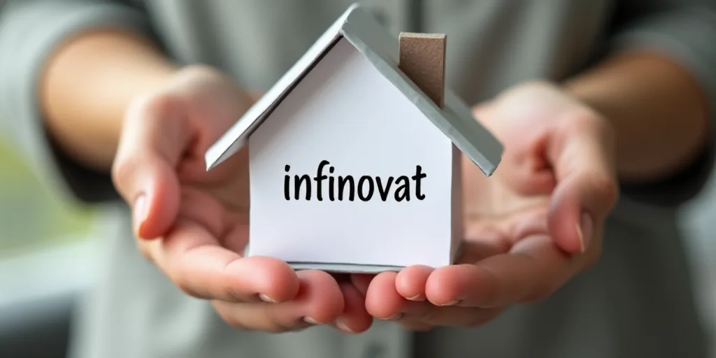 a person holding a paper house with the word infinovat on it and two hands holding it, Avgust Černi