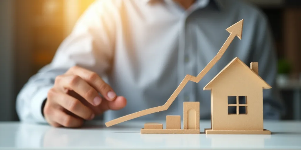 a person holding a phone and pointing to a house model with a rising graph behind it on a table, And