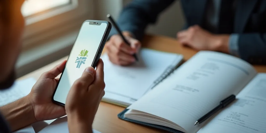 a person holding a phone with a logo on it next to a notebook and a pen on a desk, Carpoforo Tencall