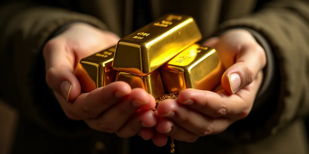 a person holding a pile of gold bars in their hands and a pile of gold bars in their other hand, Eng
