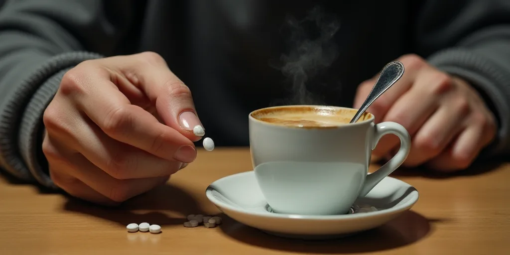 a person holding a pill and a cup of coffee on a table with a spoon in it and a pill in the cup, Ada