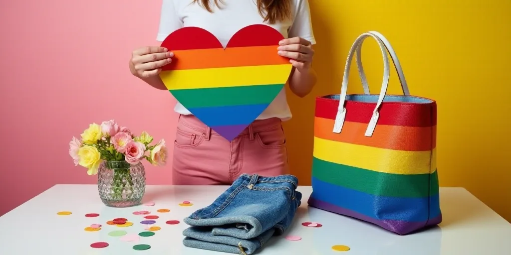 a person holding a pride sign next to a bag and a pair of jeans on a table with confetti, Annabel Ki