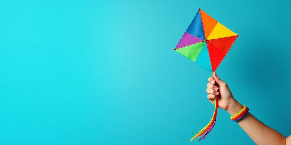 a person holding a rainbow colored kite on a blue background with a rainbow colored ribbon around it
