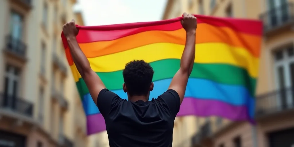 a person holding a rainbow flag in their hand and raising their fist up in the air with a blurry bac