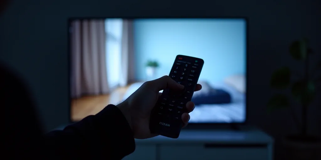 a person holding a remote control in front of a television screen with a television on it's side, Av