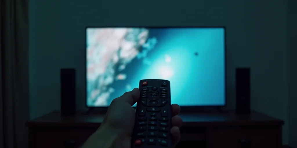 a person holding a remote control in front of a television screen with a television on it's side, Av