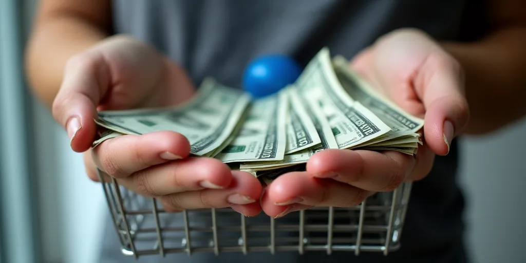 a person holding a shopping basket full of money in it's hands and a blue plastic object in the othe