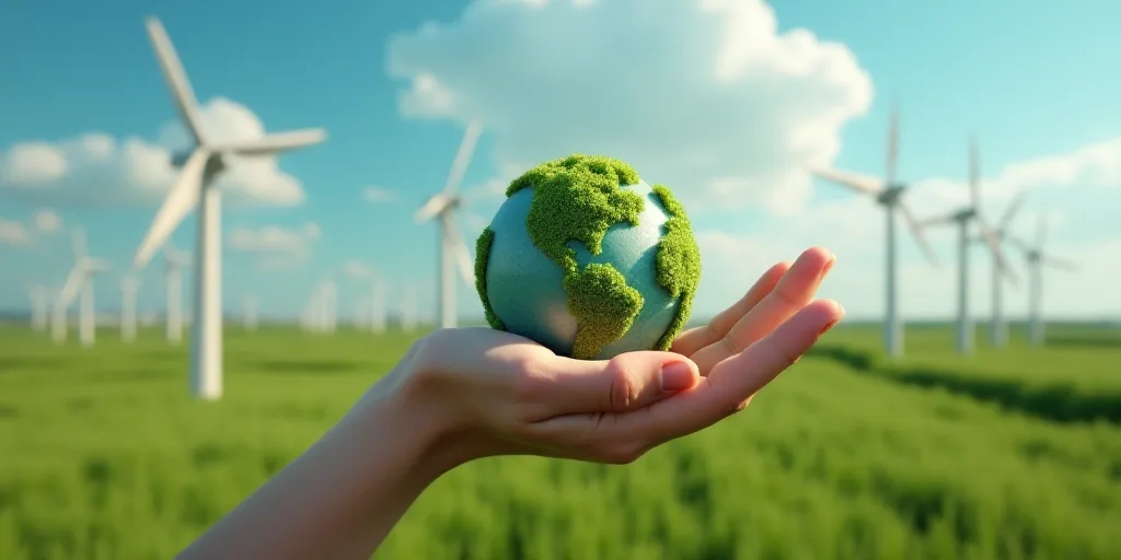 a person holding a small green planet in their hands with windmills in the background and a blue sky