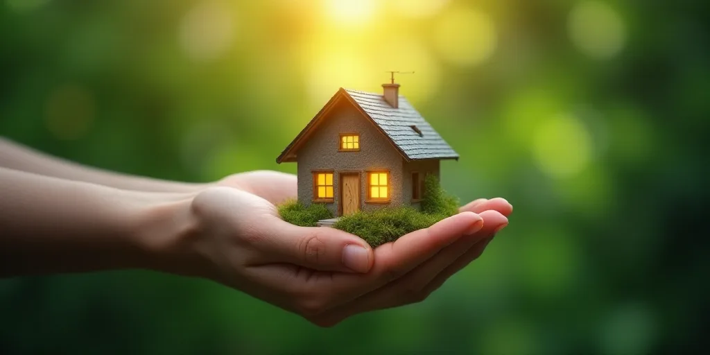 a person holding a small house in their hands with a green background and boke of light coming from