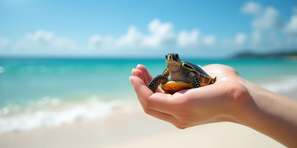 a person holding a small turtle in their hand on the beach with the ocean in the background and a bl