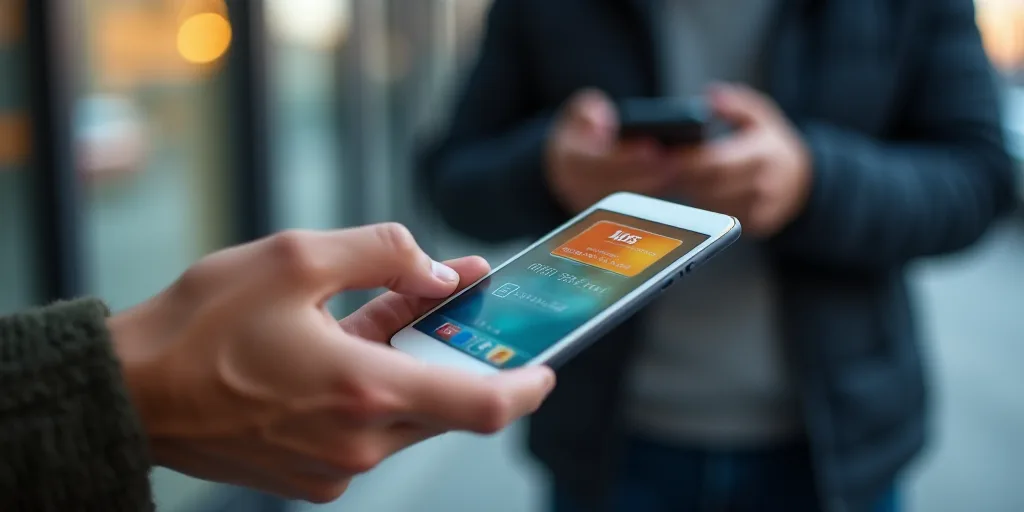 a person holding a smart phone with a credit card in front of them and a hand holding a smart phone