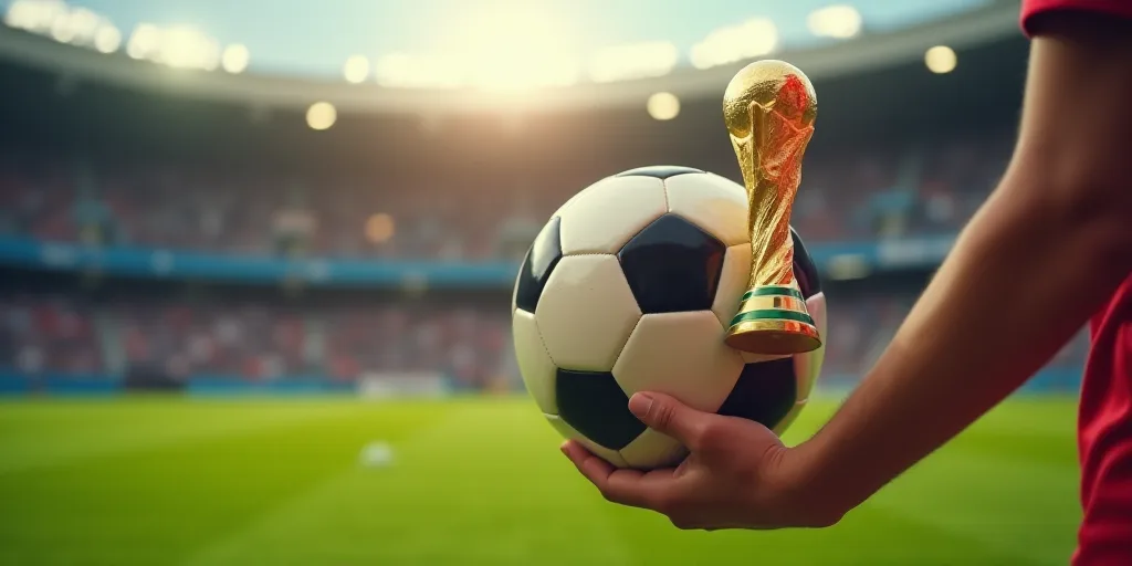 a person holding a soccer ball in their hand with a gold trophy in their hand on a field of a stadiu