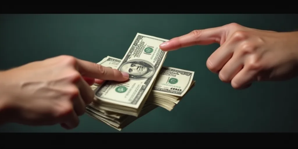 a person holding a stack of money in their hand with another hand pointing at it with the other hand