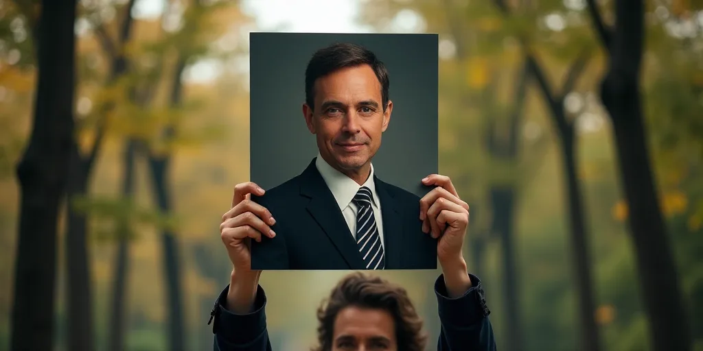 a person holding up a poster with a picture of a man in a suit and tie on it in front of trees, Dieg