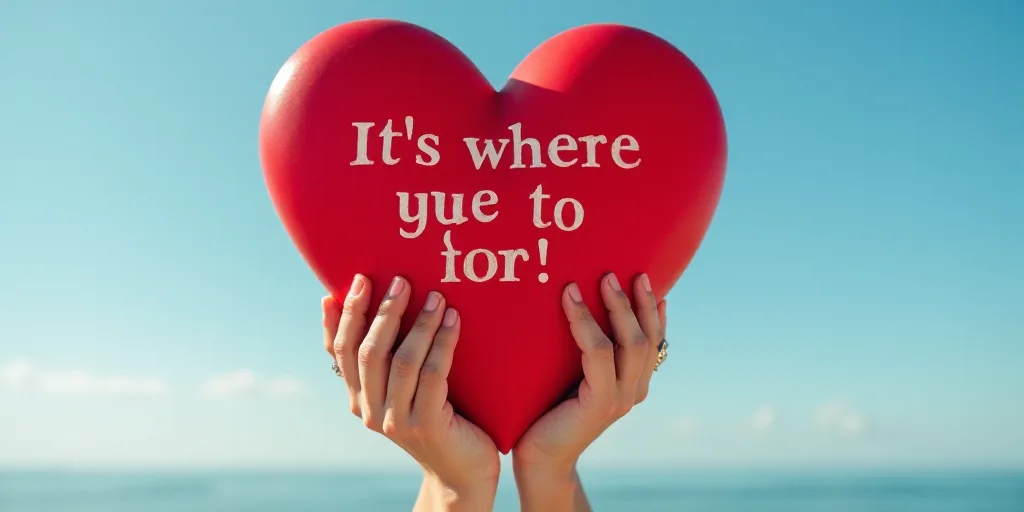 a person holding up a red heart shaped object in the air with words written on it and a sky backgrou