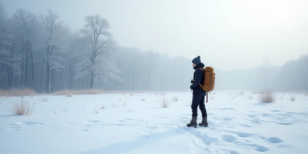a person in a field with a snow covered field and trees in the background and a person with a backpa