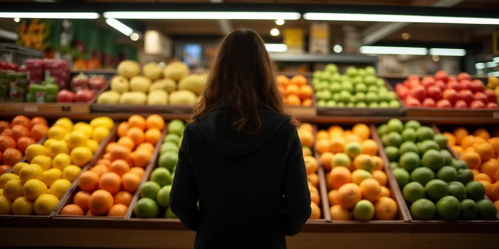 a person in a store with a lot of fruit in the shelves and a person in a coat looking at the fruit,