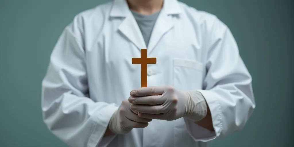 a person in a white coat and gloves holding a syquet in their hand with a cross on it, Évariste Vit
