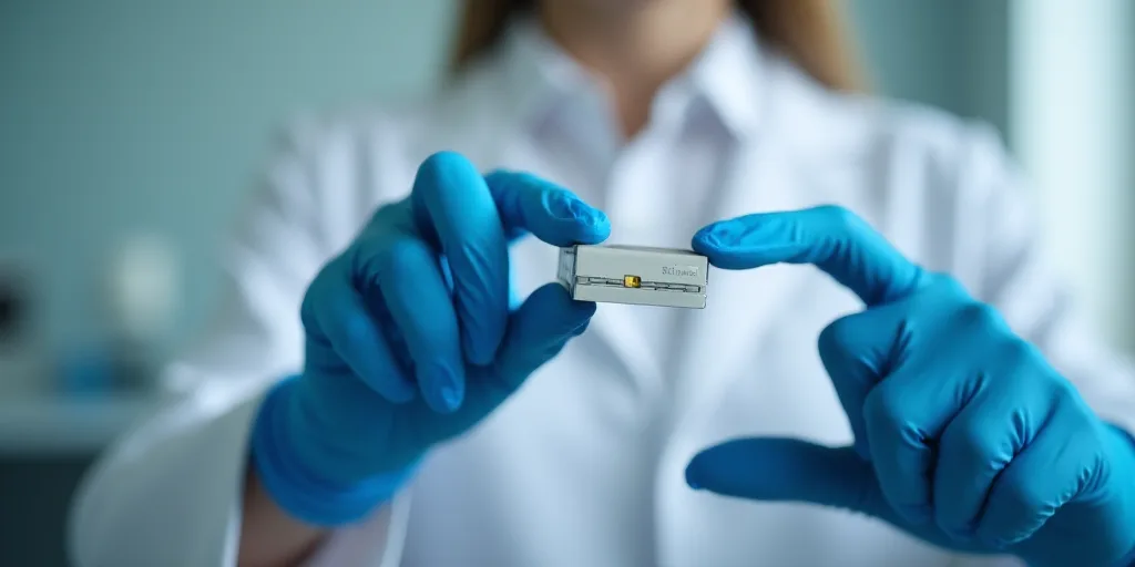 a person in a white shirt and blue gloves holding a small device in their hand with a micro chip att
