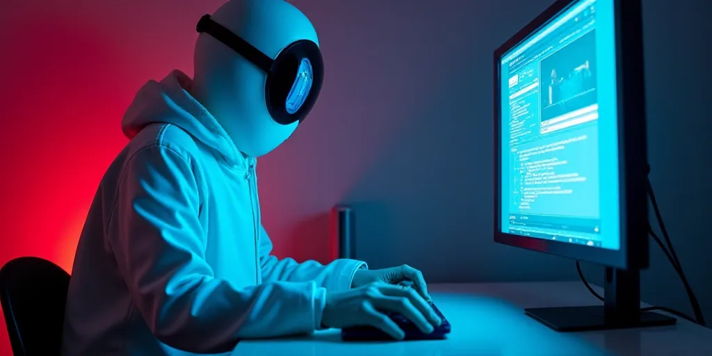 a person in a white suit and mask operating a computer screen with a red light behind them and a blu