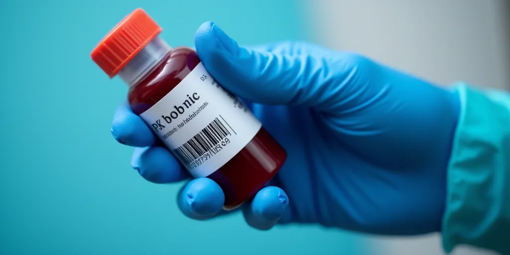 a person in blue gloves holding a container of blood with a barcode on it and a blue glove, Dahlov I