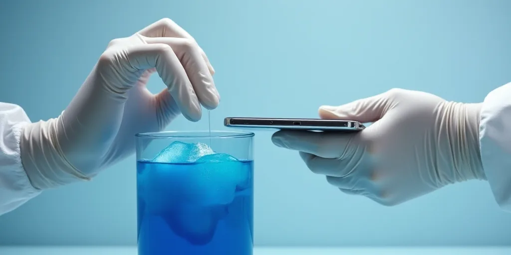 a person in white gloves is putting something in a blue container with a cell phone in it and a pers