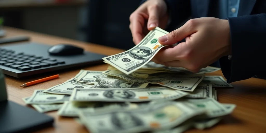 a person is counting money into a pile of bills in front of a keyboard and a keyboard on a desk, Bou