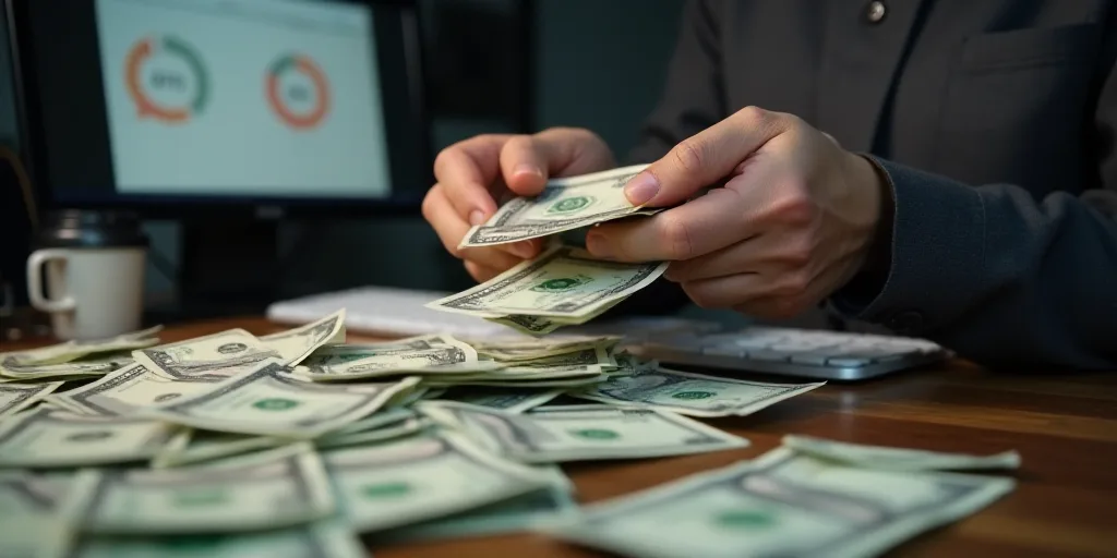 a person is counting money into a pile of bills in front of a keyboard and a keyboard on a desk, Bou