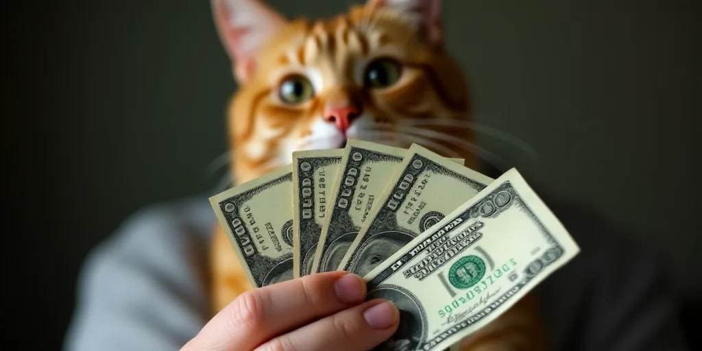 a person is holding a bunch of money in their hand and a cat is looking at it from the top, Benjamin