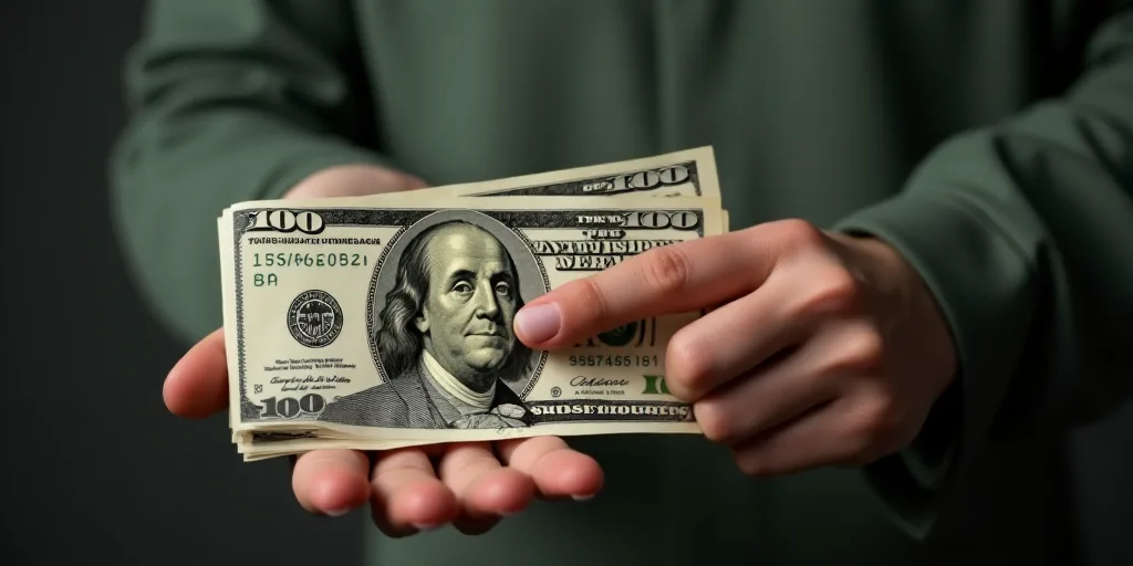 a person is holding a bunch of money in their hand and is pointing at it with a finger on it, Benjam