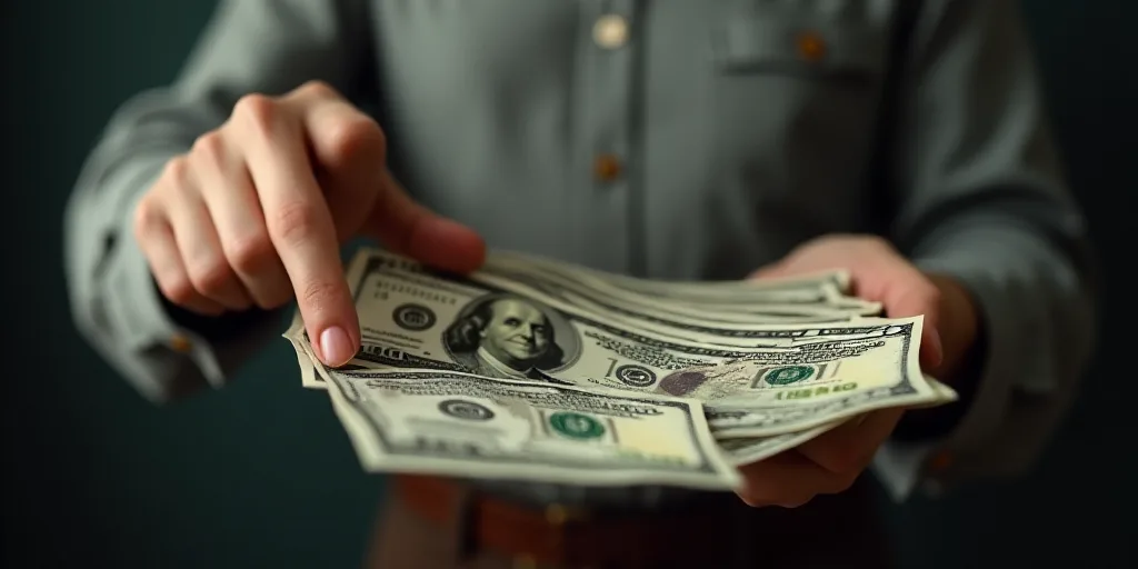 a person is holding a bunch of money in their hand and is pointing at it with a finger on it, Benjam
