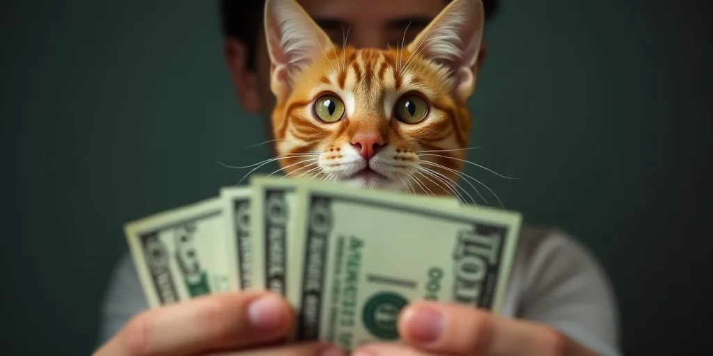 a person is holding a bunch of money in their hand and a cat is looking at it from the top, Benjamin