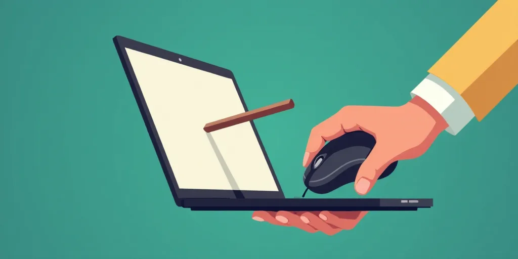 a person is holding a laptop with a stick sticking out of it's screen and a hand is holding a mouse,
