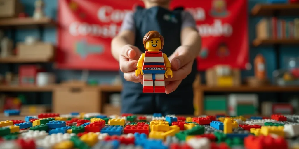 a person is holding a lego block in front of a table full of legos and a red banner that says,'conti