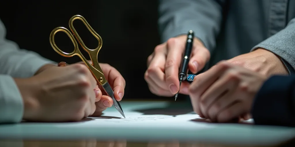a person is holding a pair of scissors and a pen in their hand while another person is holding a cel