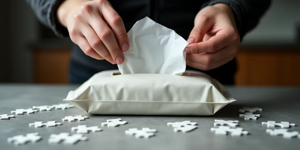 a person is holding a piece of paper and putting it in a package of tissues on a table with other ti