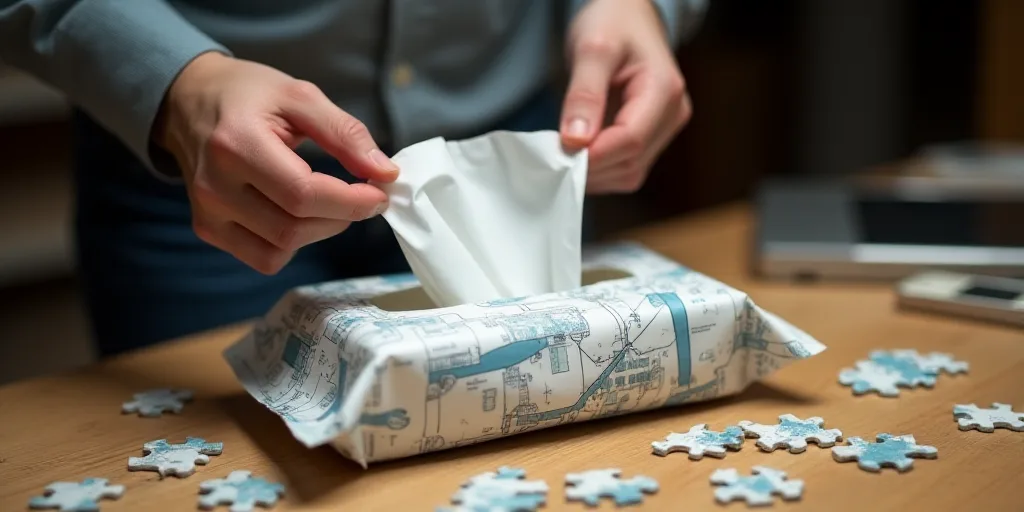 a person is holding a piece of paper and putting it in a package of tissues on a table with other ti