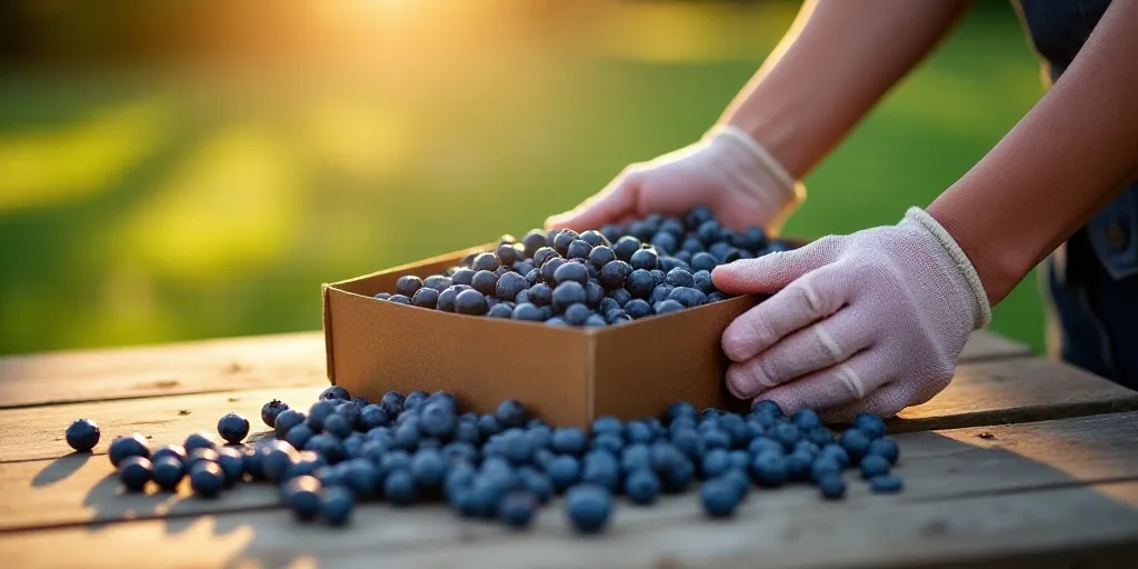 a person is picking blueberries from a box on a picnic table outside in the sun with a glove on, Ede