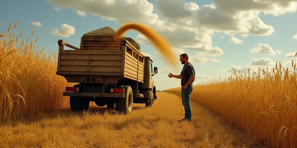 a person is pouring grain into a truck bed in a field of wheat and corn stalks in the background, Co